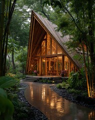 Triangular Bamboo Structure in Lush Forest After Rain