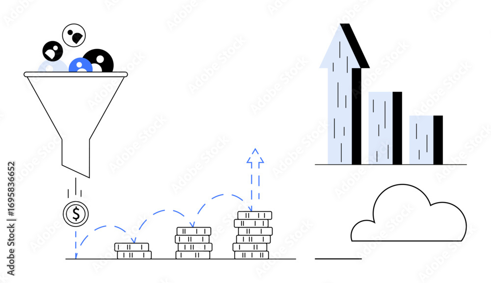 Poster funnel processing users into revenue, coin stacks increasing, upward graph, cloud graphic. ideal for