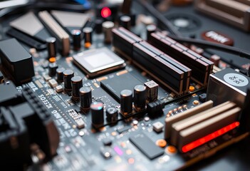 Close-up of a complex computer motherboard on a table,   desktop,   laptop