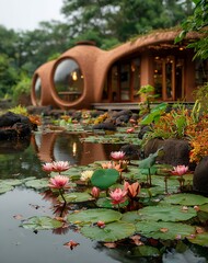 Earthen Building Reflecting in Pond with Pink Water Lilies
