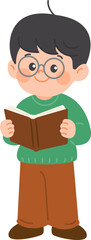 Boy with glasses reading a brown book illustration