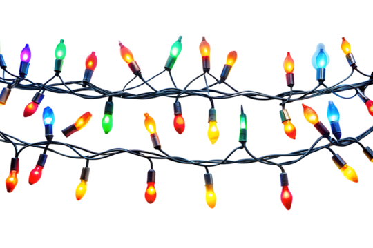 Glowing colorful christmas lights, Hanging light bulbs isolated on transparent background, Lights border