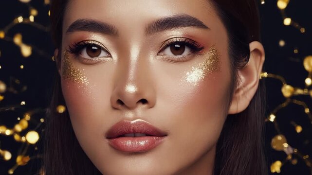 closeup portrait of Young asian woman with professional makeup on face on black background