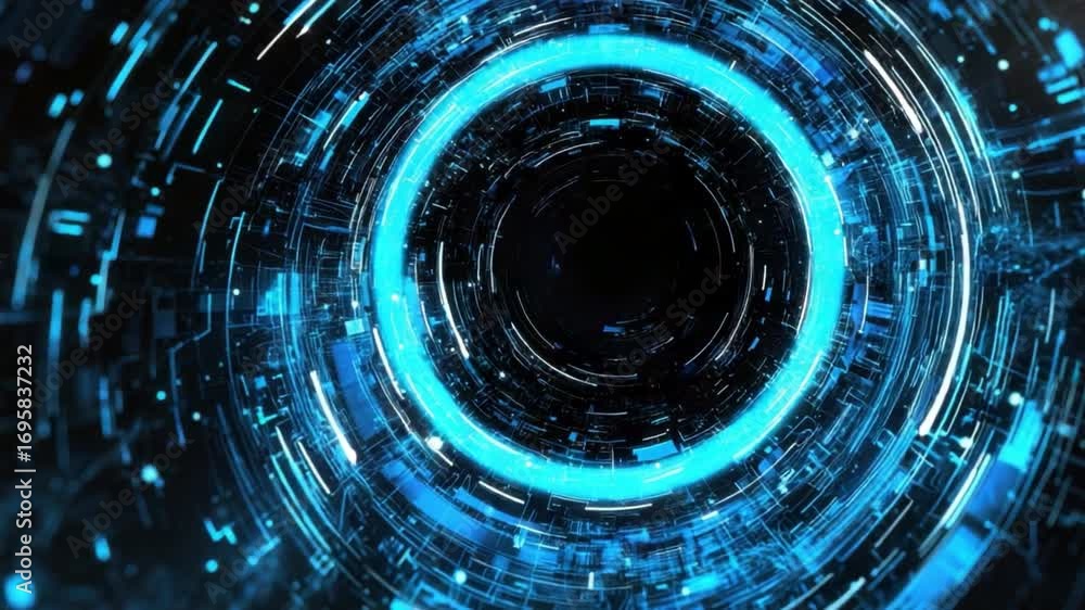 Poster abstract futuristic digital tunnel with glowing blue lights and swirling patterns creating a mesmeri