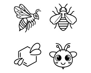Four bee-themed icons in black and white line art style. Top left: a detailed bee with visible wings