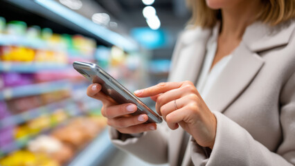 Grocery price comparison mobile shopping woman supermarket using phone to check deals and list