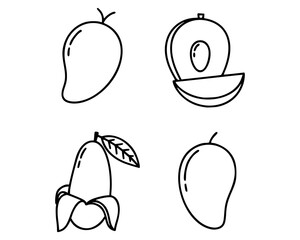 Set of four black and white fruit icons in a simple line art style. The images include a whole mango