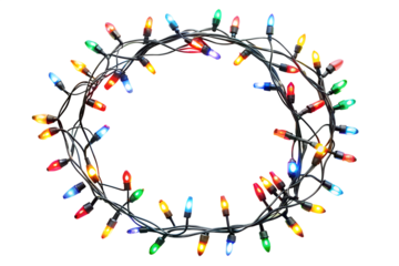 Glowing colorful christmas lights, Hanging light bulbs isolated on transparent background, Lights border