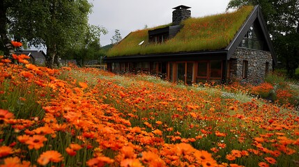 Modern House with Living Roof Amidst Orange Poppy Field