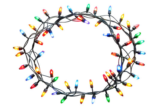 Glowing colorful christmas lights, Hanging light bulbs isolated on transparent background, Lights border - Powered by Adobe