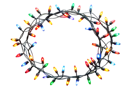Glowing colorful christmas lights, Hanging light bulbs isolated on transparent background, Lights border
