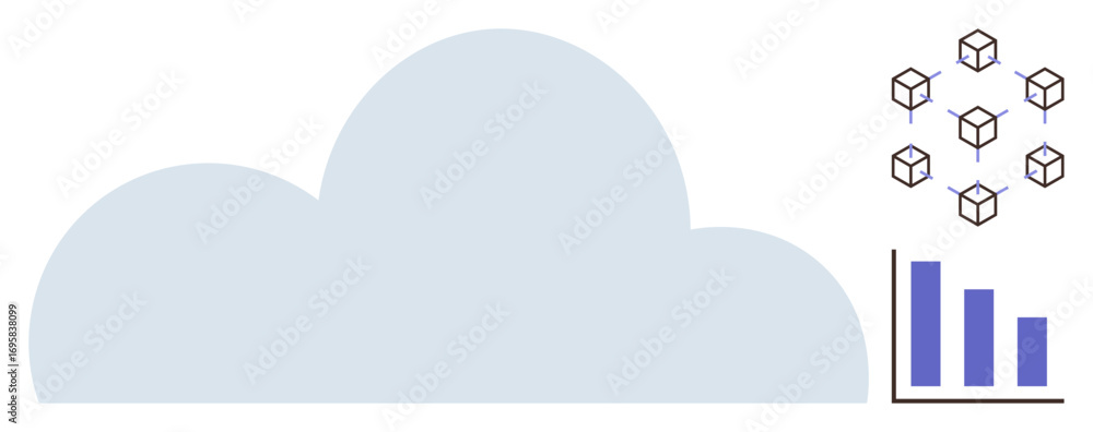 Poster large cloud shape connected to cubes representing blockchain and a bar graph for data analysis. idea