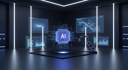 Artificial intelligence core with robotic arm and data screens in a futuristic room ai generated