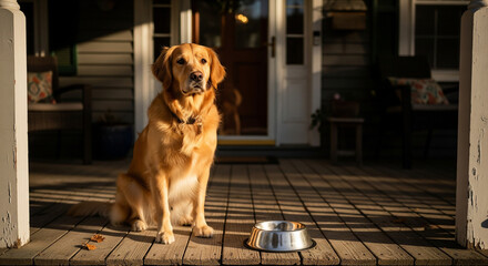 Dog Sitting by Empty Bowl Waiting at House Porch