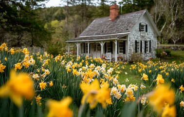 Rustic White House Amidst a Field of Yellow Daffodils