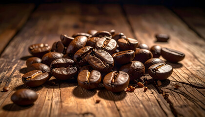 Fototapeta premium Brown coffee beans on wooden surface