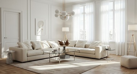 Elegant living room interior design concept with a large beige sofa, modern furniture, and classic white wall paneling in a bright, sunlit space