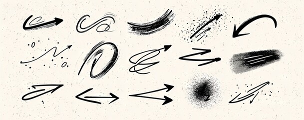 Set of graphic black ink arrows and swishes on a light beige background