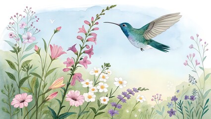 Naklejka premium Watercolor Hummingbird Flying Among Wildflowers in a Sunny Meadow Illustration