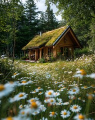 Wooden Cabin with Grass Roof nestled in a Field of Daisies