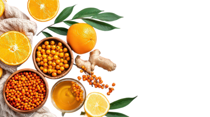 Vibrant Orange Citrus Fruits and Berries with Ginger on Black Background