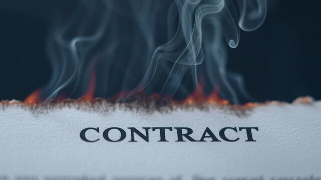 Contract paper burning with smoke, representing termination, rescission, failed agreement or legal cancellation. Concept of broken deal, business failure, and fragile partnership.