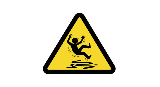 Cautionary warning sign depicts person slipping on wet floor, alerting to hazard