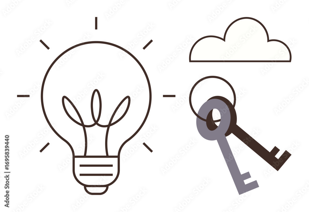 Poster light bulb indicating ideas, two keys symbolizing solutions or access, and cloud representing networ