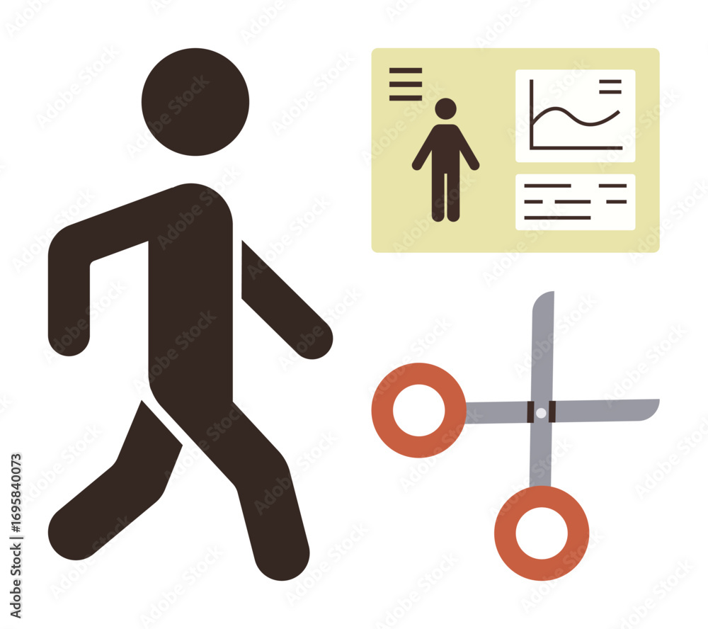Poster simplistic human figure walking, profile card with stats and graphs, and scissors nearby. ideal for 