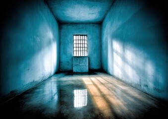 Empty, dimly lit cell with barred window