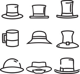 Vector hats collection: line art illustration of various hat styles eps silhouette