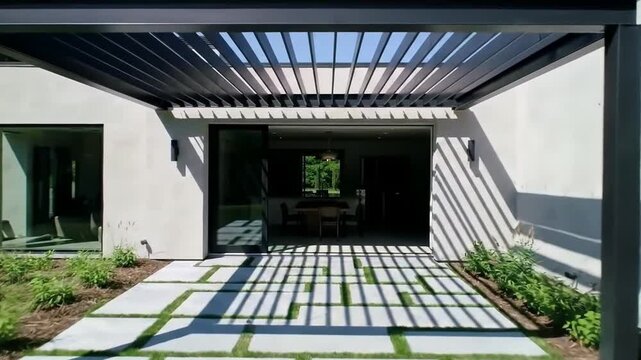 Modern Pergola Patio Luxury Outdoor Space with Sunlit Shadow Play.