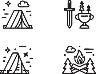 Camping and adventure icons vector set: tent, campfire, sword, trophy eps silhouette