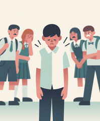 A young schoolboy looking dejected as classmates gossip and mock him, representing the painful effects of schoolyard bullying and social anxiety