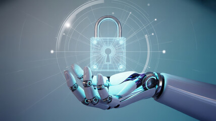 Cybersecurity Protection Robot Hand Holding Padlock