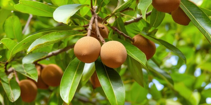 Sapodilla fruits grow on a tree with vibrant green leaves in a tropical environment.