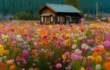 Wooden House Amidst Vibrant Cosmos Flower Field