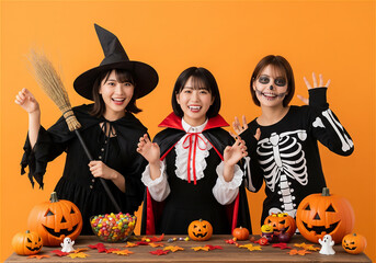 Fun and Energetic College Girls Enjoying Halloween Party

