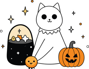 Cute halloween illustration featuring a ghost pumpkin bucket black cat stars and candy decorations