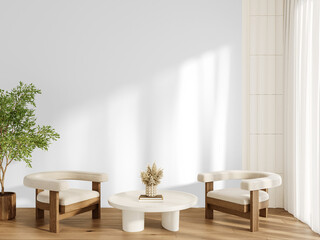 Pair of modern accent chairs with white round coffee table and indoor plant PNG isolated on transparent wall background with shadow