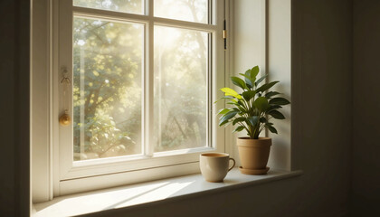 Bright sunlight streaming through a white framed window, illuminating a small potted green plant and ceramic cup placed on the windowsill