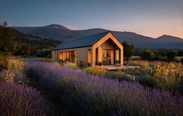 Modern Wooden House in Lavender Field at Sunset
