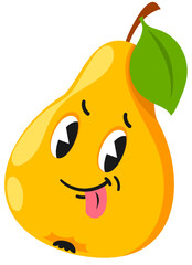 Fast food pear fruit character vintage Y2K sticker or label. Farm garden food product groovy vector sticker, juice and vitamin funky patch. Summer yellow pear fruit cheerful personage Y2K label