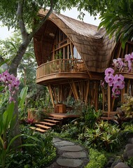 Bamboo House in Lush Tropical Garden