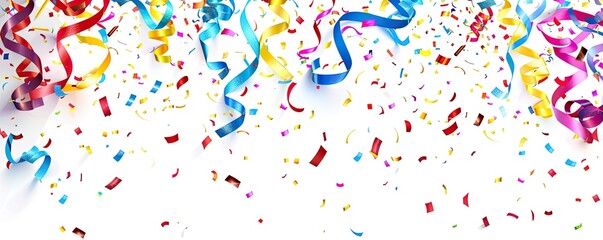 Colorful streamers and confetti falling against a white background, perfect for celebration themes (1)