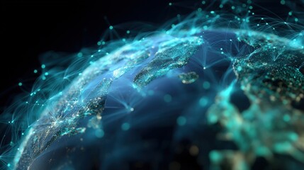 Abstract visualization of global internet and big data networks as a digital web of connections overlaying a glowing earth, tech-inspired background with vibrant blue and green hues.