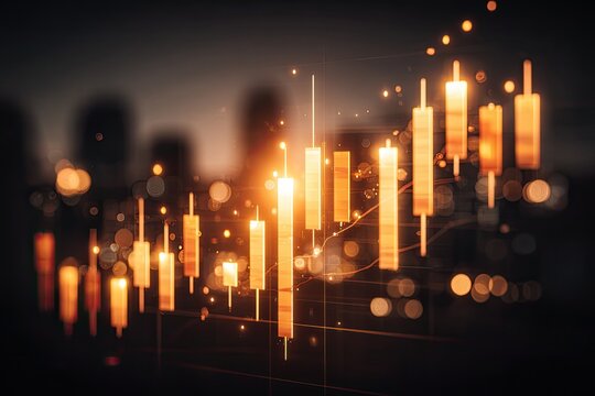Financial chart overlayed on a cityscape at night. Graphic candle stick chart in warm amber, with glowing details on a dark background. Blurry city lights in the backdrop