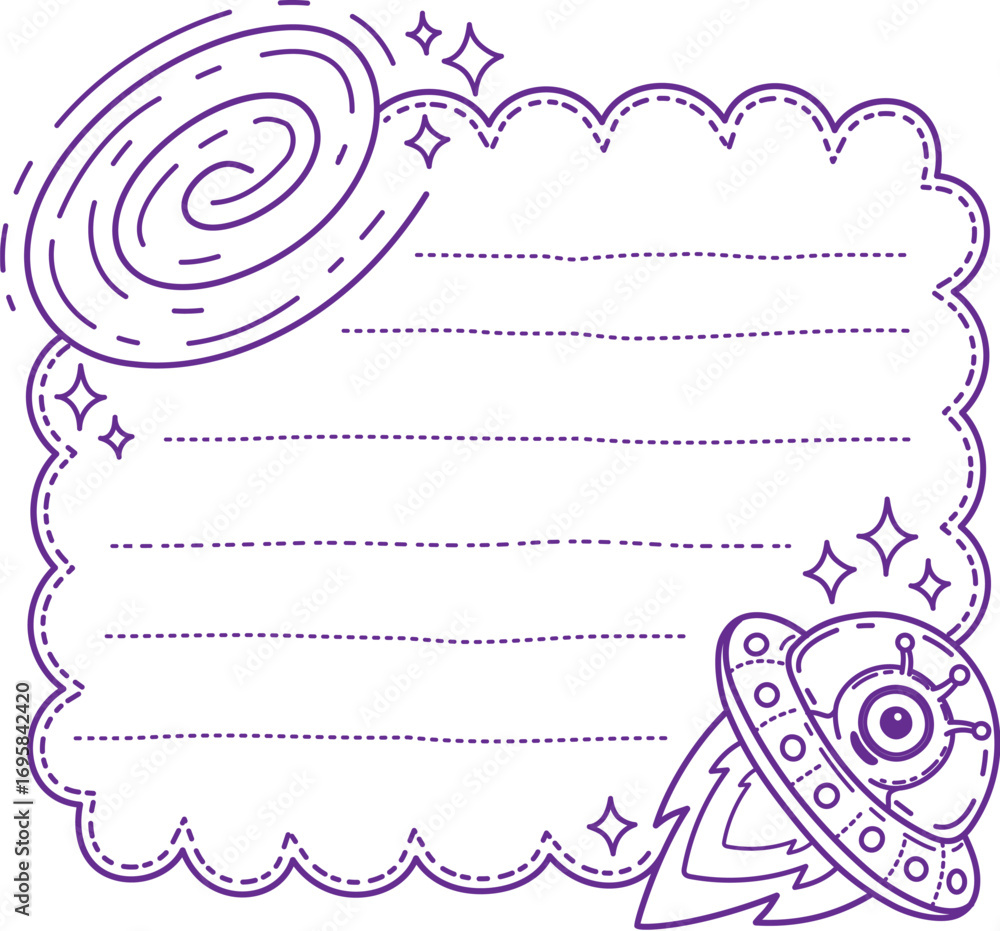 Poster space galaxy and ufo kids memo note frame. child planner vector checklist, schedule page. kids diary