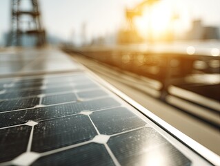 Close-up of solar panels on industrial structure, blurred background