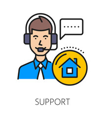 Home security service support color line icon or sign. Home security service customer support outline vector pictogram. House safety system icon with client support operator character in headset